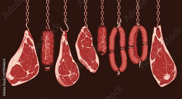 Fototapeta A variety of fresh, raw meat cuts and sausages are displayed hanging from chains against a dark, rustic background, showcasing butcher shop products.