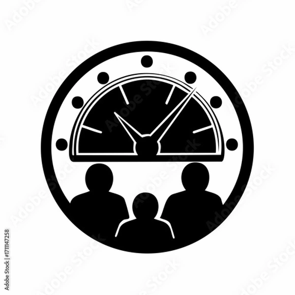 Fototapeta Stylized icon depicting three silhouetted figures beneath a clock face with a speedometer-like dial and surrounding dots, representing time management or progress.