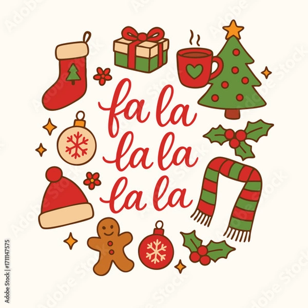 Fototapeta Christmas Carols Celebration Season Greeting Present Tree Xmas Vector Gingerbread Scarf Ornament Hat Stocking Cocoa Fun Holiday Illustration Print 