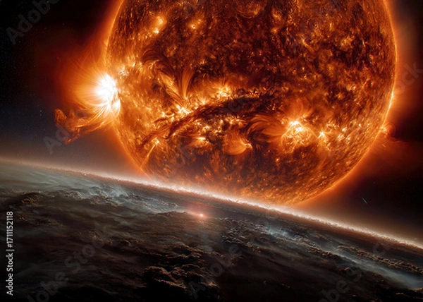 Fototapeta Radiant solar flares erupt from the sun's surface, illuminating the dark sky. Below, an alien world with swirling clouds is bathed in a warm, golden glow, showcasing cosmic beauty.