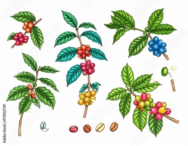 Fototapeta Hand drawn set of colorful coffee tree branches and beans. Vector illustration in 