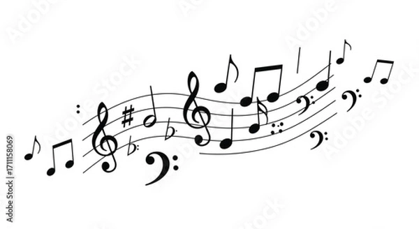 Fototapeta Flowing musical notes and clefs create a dynamic abstract melody on a white background.
