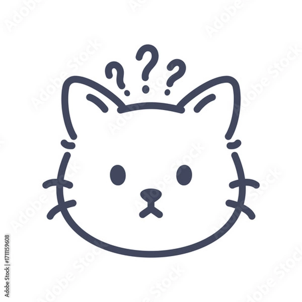 Obraz Confused line art cat emoji icon. Cute cartoon kitten face with question mark expression.