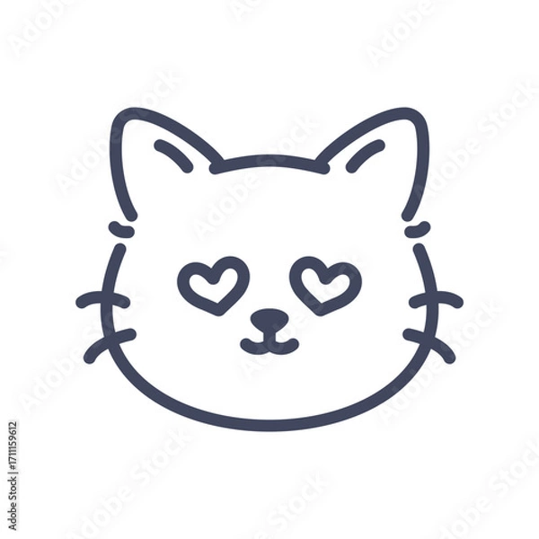 Obraz Love-eyed line art cat emoji icon. Cute cartoon kitten face with heart-shaped eyes expression.