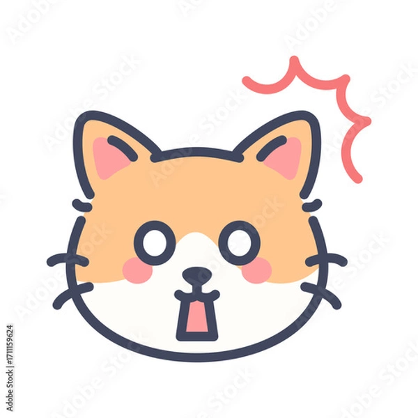 Obraz Shocked orange cat emoji icon. Cute cartoon kitten face with scared and surprised expression.