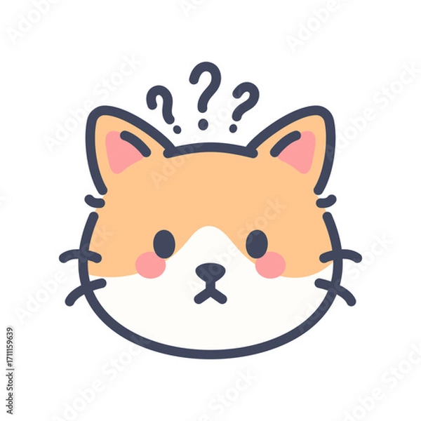 Obraz Confused orange cat emoji icon. Cute cartoon kitten face with question mark expression.