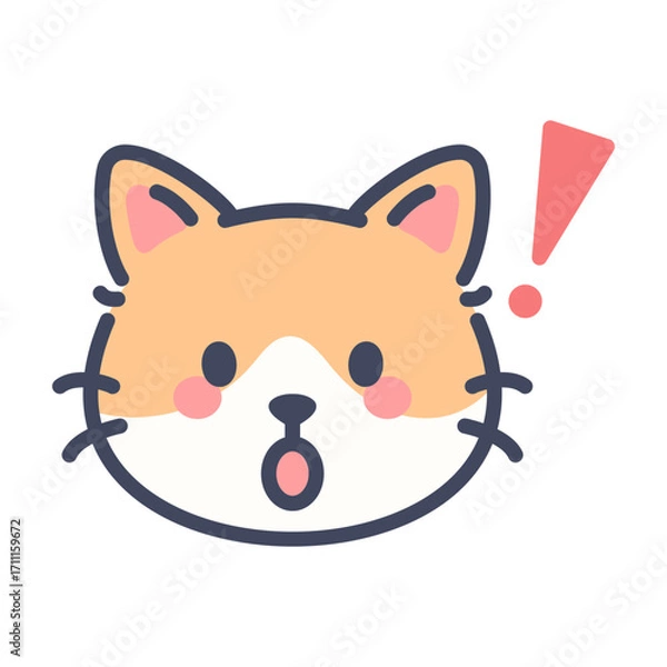 Obraz Surprised orange cat emoji icon. Cute cartoon kitten face with exclamation mark expression.