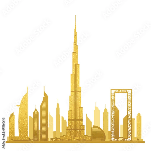 Fototapeta Vintage-style illustration of an angry T-Rex standing in front of the Dubai city skyline with a gold color scheme.