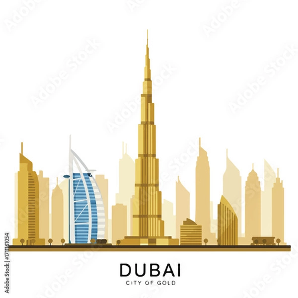 Fototapeta Vintage-style illustration of a T-Rex in a cityscape, with a gold-toned Dubai skyline and a cityscape silhouette.