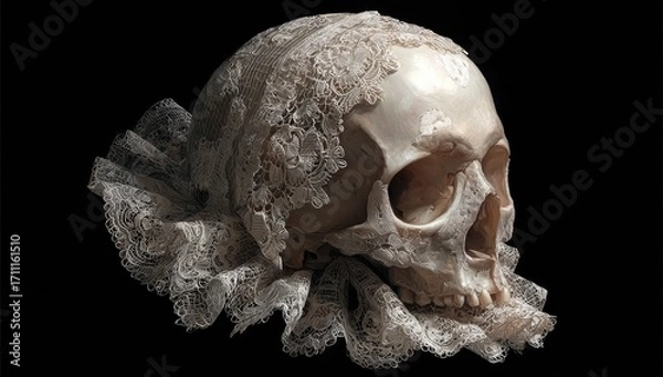 Fototapeta Antique human skull adorned with a delicate historical lace ruff collar.