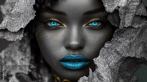 Fototapeta grayscale close-up illustration of a model’s face, turquoise lips and eyes, selective color effect, edgy fashion editorial, ripped paper collage overlays