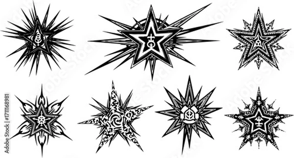 Fototapeta Deformed Stars, Y2K Bling, Abstract Sharp Lines, Spikes, and Cybersigilism – Retro-Futuristic Tribal Cosmos Collage with Distorted Stars and Rave Burst Elements - Vector Graphic Set