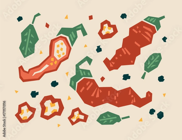 Fototapeta Abstract Geometric Spicy Chili Peppers and Allspice Berries. Vector illustration