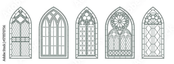 Fototapeta Colouring page set for adult. Black and white line art drawings of vintage Gothic temple windows or Catholic Christian arch frames. Outline vector illustration collection