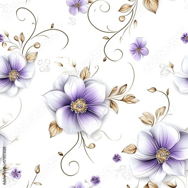 Fototapeta Seamless pattern with delicate 3D flowers, golden leaves, and intertwining vines on a pure white background.