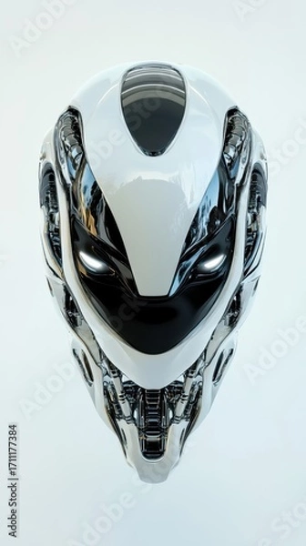 Fototapeta Futuristic robotic head with glowing eyes facing directly towards viewer