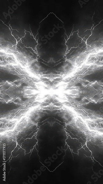 Fototapeta A symmetrical image of bright lightning and dark stormy clouds