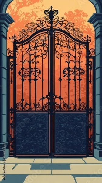 Fototapeta A decorative ornate black iron gate with architectural structure details