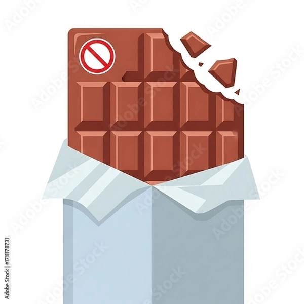 Obraz A bite taken out of a chocolate bar with a no symbol over a piece of it, implying a restriction or prohibition