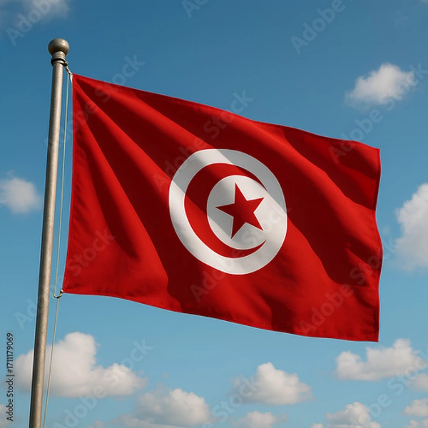Fototapeta Tunisia’s red flag waves brightly under a clear blue sky with white clouds.