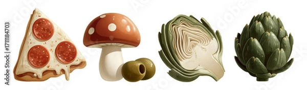 Obraz Colorful Food Illustrations with Pizza, Mushroom, Artichoke, and Cabbage on Transparent Background