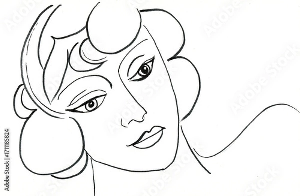 Obraz Minimalist Black  White Line Art Female Portrait with Retro