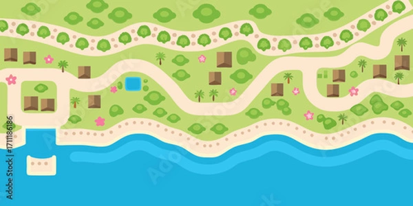 Fototapeta Charming cartoon island village with winding paths houses palm trees and a sparkling blue ocean