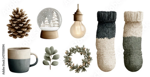 Obraz Cozy Winter Objects Including Pinecone, Mug, Socks, and Snow Globe for Seasonal Decor