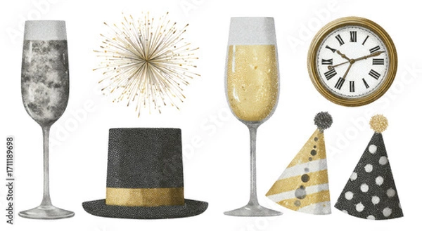 Obraz New Year Celebration Elements with Champagne, Clock, Party Hats, and Fireworks