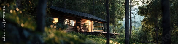Fototapeta Illuminated Log Cabin in Forest Setting