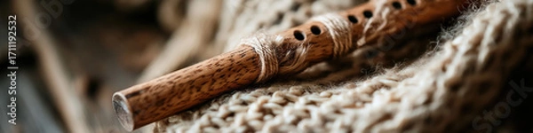 Fototapeta Wooden Flute on Knitted Fabric