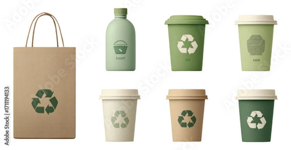Obraz Eco-Friendly Reusable Containers and Bags with Recycling Symbols for Sustainability