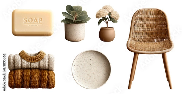 Obraz Stylish Home Decor Elements Featuring Soap, Plants, Chair, and Textiles