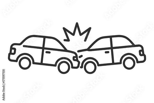 Fototapeta Car accident icon. Two cars crashing in a head-on collision. Vector illustration for traffic safety, auto insurance claims, vehicle damage, and emergency services. Line art.