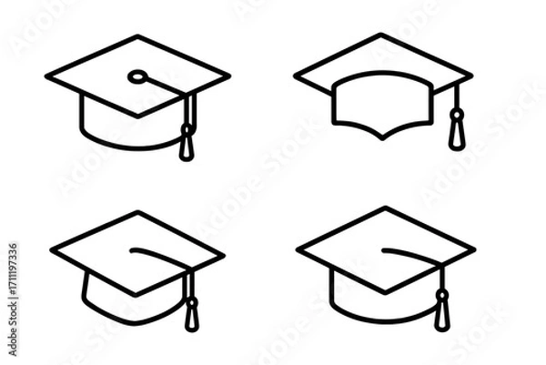 Fototapeta Academic cap vector icon set. Graduation mortarboard outline symbols. University education and college degree concept. Student achievement and learning pictogram for ceremony design.