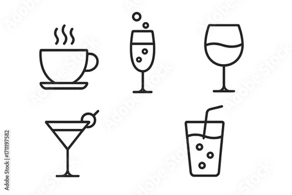 Obraz Drink and beverage outline icon set. Coffee, wine, champagne, cocktail, and soft drink linear icons. Simple bar menu, cafe or celebration symbols. Vector with editable stroke.