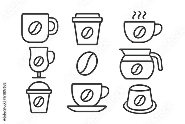 Fototapeta Coffee line icon set. Cafe and drink outline symbols. Vector collection of coffee cup, mug, pot, bean, and capsule pictogram for web, app, and menu design. Minimalist beverage graphic.