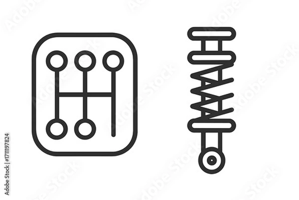 Fototapeta Manual transmission gear stick shift icon and car shock absorber line symbol. Automotive vehicle parts set for auto repair service. Gearbox and suspension vector signs.