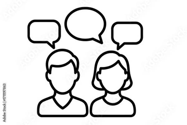 Fototapeta Two faceless people with speech bubbles. Man and woman talking. Communication, dialogue, chat, discussion symbol. Vector icon for social media, forum, feedback, teamwork.
