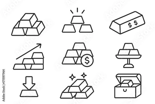 Obraz Gold bar line icon set. Bullion, treasure, investment, and wealth concepts. Financial growth, banking, savings, and value symbols for business and economy. Editable stroke icons.
