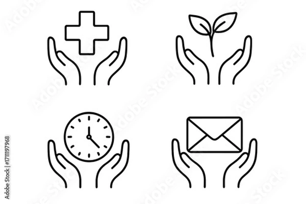 Obraz Hands holding health cross, plant, clock, and envelope. Icon set for care, support, time management, and communication. Vector outline collection for business and web design.
