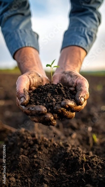 Obraz Close-up of Hands Holding Fresh Soil with Young Plant Seedling
