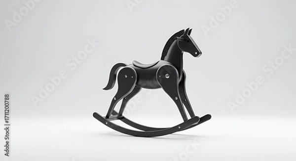 Fototapeta A sleek, minimalist black rocking horse stands isolated against a stark, bright white background.
