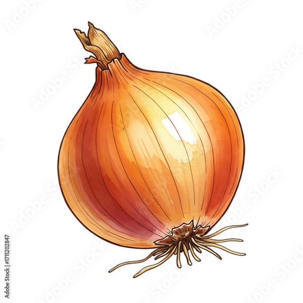 Obraz A single ripe yellow onion with roots and stem isolated on transparent background