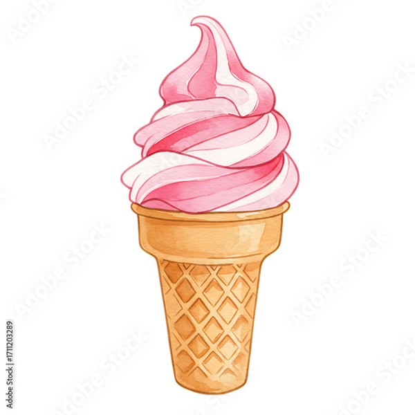Obraz Swirled pink and white soft serve ice cream cone isolated on transparent background