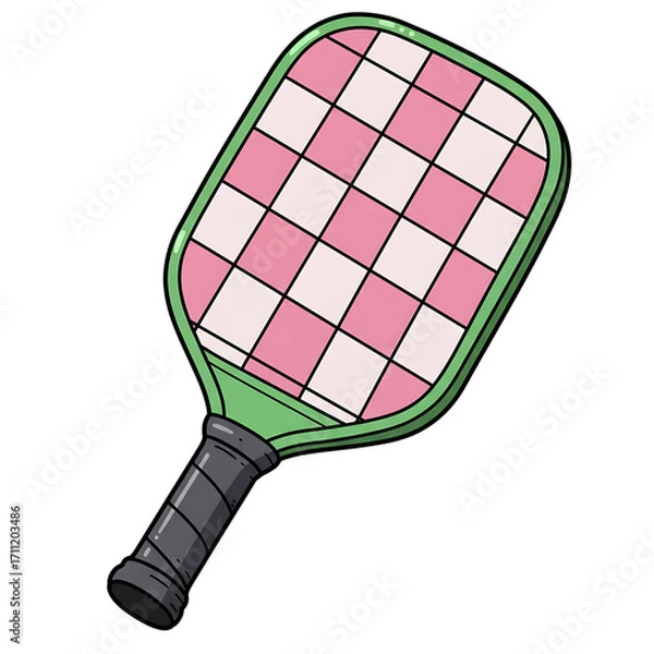 Obraz Hand drawn pickleball paddle with pink and white checkered pattern isolated on transparent background