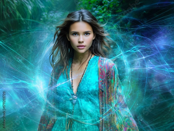 Fototapeta A mesmerizing fantasy portrait of a woman surrounded by glowing energy waves and cosmic light, radiating mystical power, elegance, and ethereal beauty in a vibrant fantasy realm.