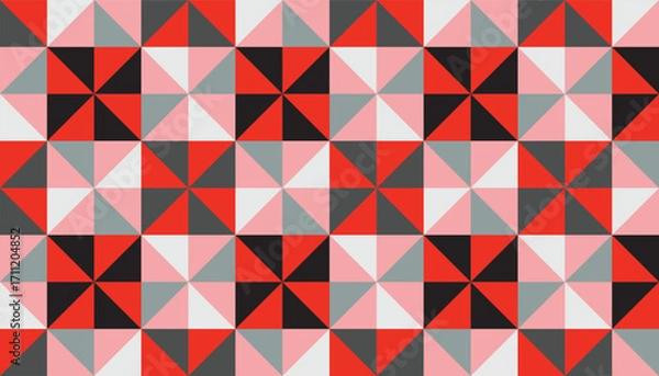 Obraz Seamless geometric pattern with red, pink, black, and gray pinwheel triangles, modern abstract design perfect for backgrounds, textiles, and wallpapers