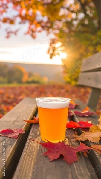 Obraz Autumnal beverage on park bench
