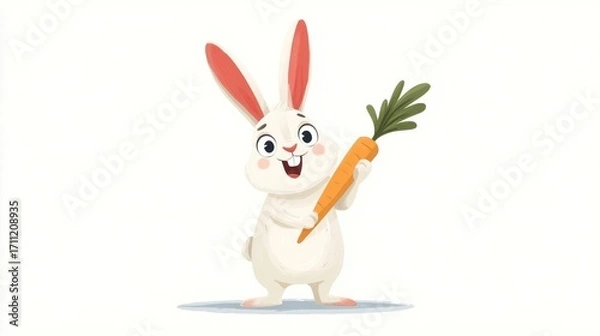 Fototapeta A cheerful cartoon arctic rabbit stands on a light blue circular platform,
